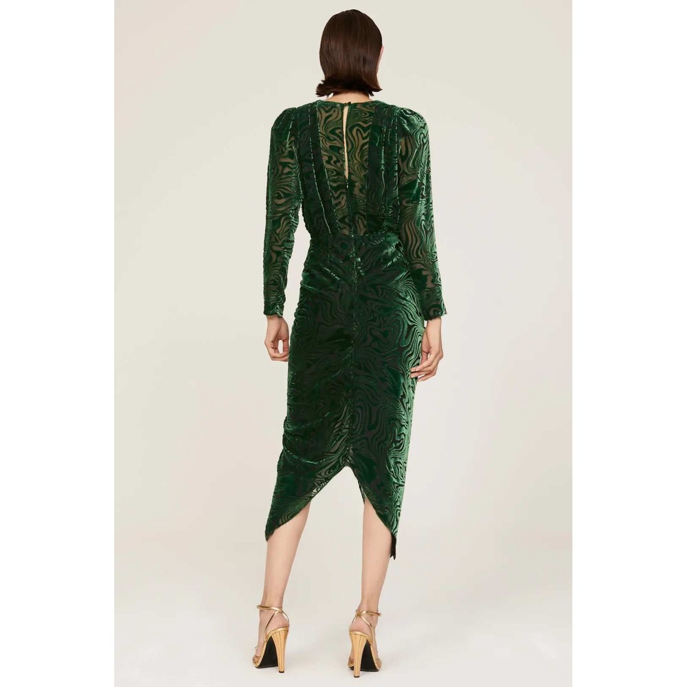 RONNY KOBO Astrid Dress Velvet Ruched Midi Dress Long Sleeve Plunge Size Small - Picture 2 of 7
